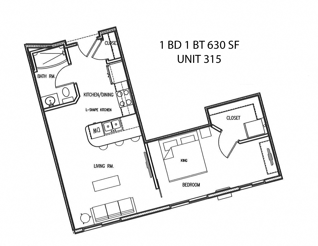 Floor plan for studio, 1 bath, 632 sqft